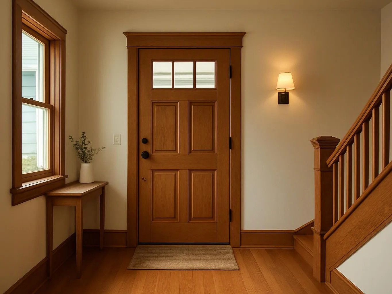 A wooden front door stands in a bright hallway beside a window, table, wall lamp, and staircase