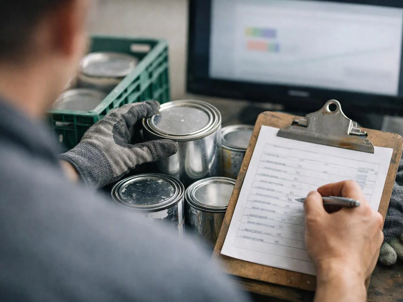 A worker in gloves inspects metal paint cans and fills out a clipboard form beside a monitor