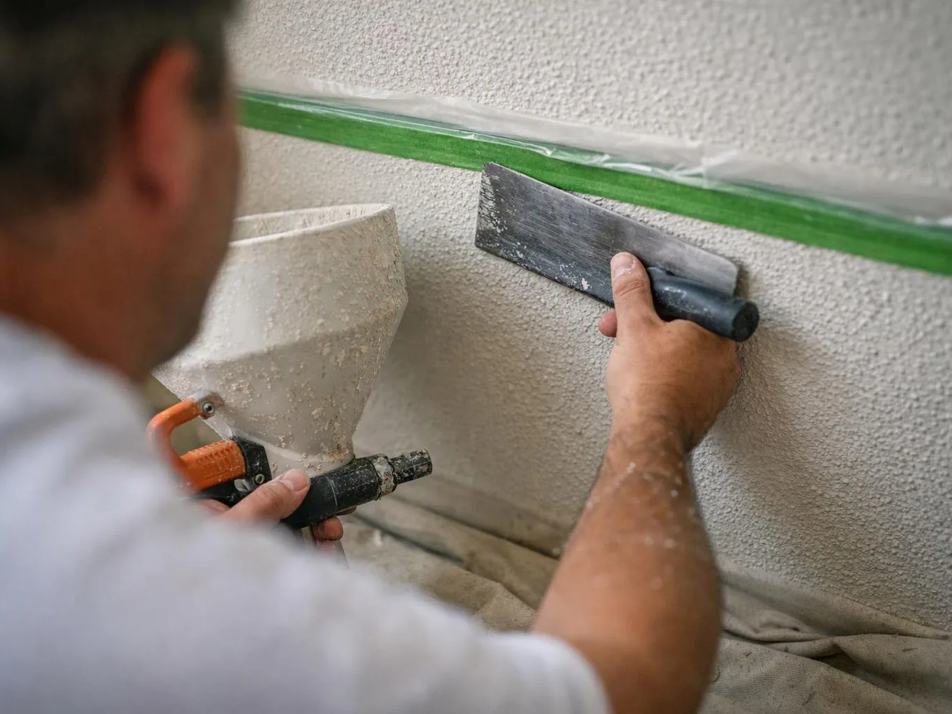 A worker spreads plaster on a textured wall with a trowel, holding a spray hopper beside green masking tape