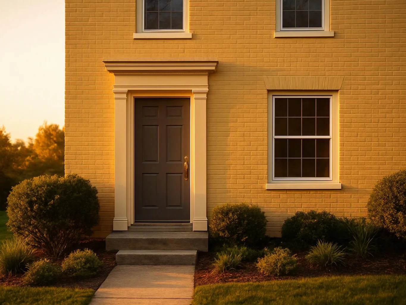 A yellow brick house front shows a dark door, two windows, steps, and trimmed shrubs in warm sunlight